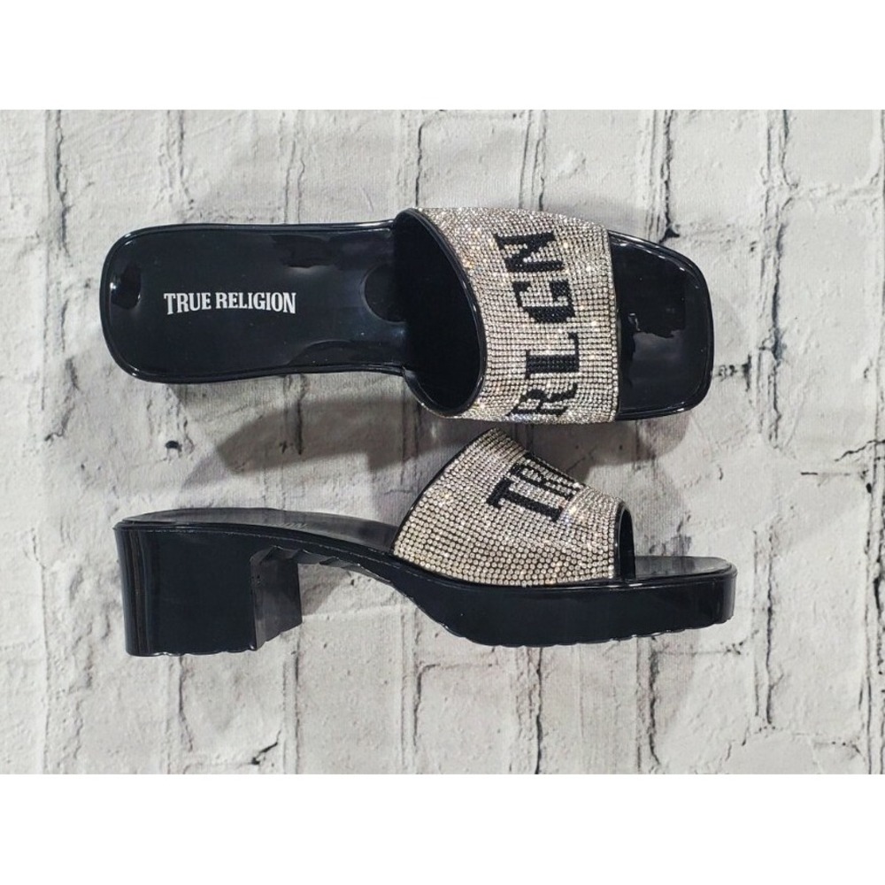 True Religion Block Heel Slides Womens 10 Black Rhinestone Logo Glam Sparkly